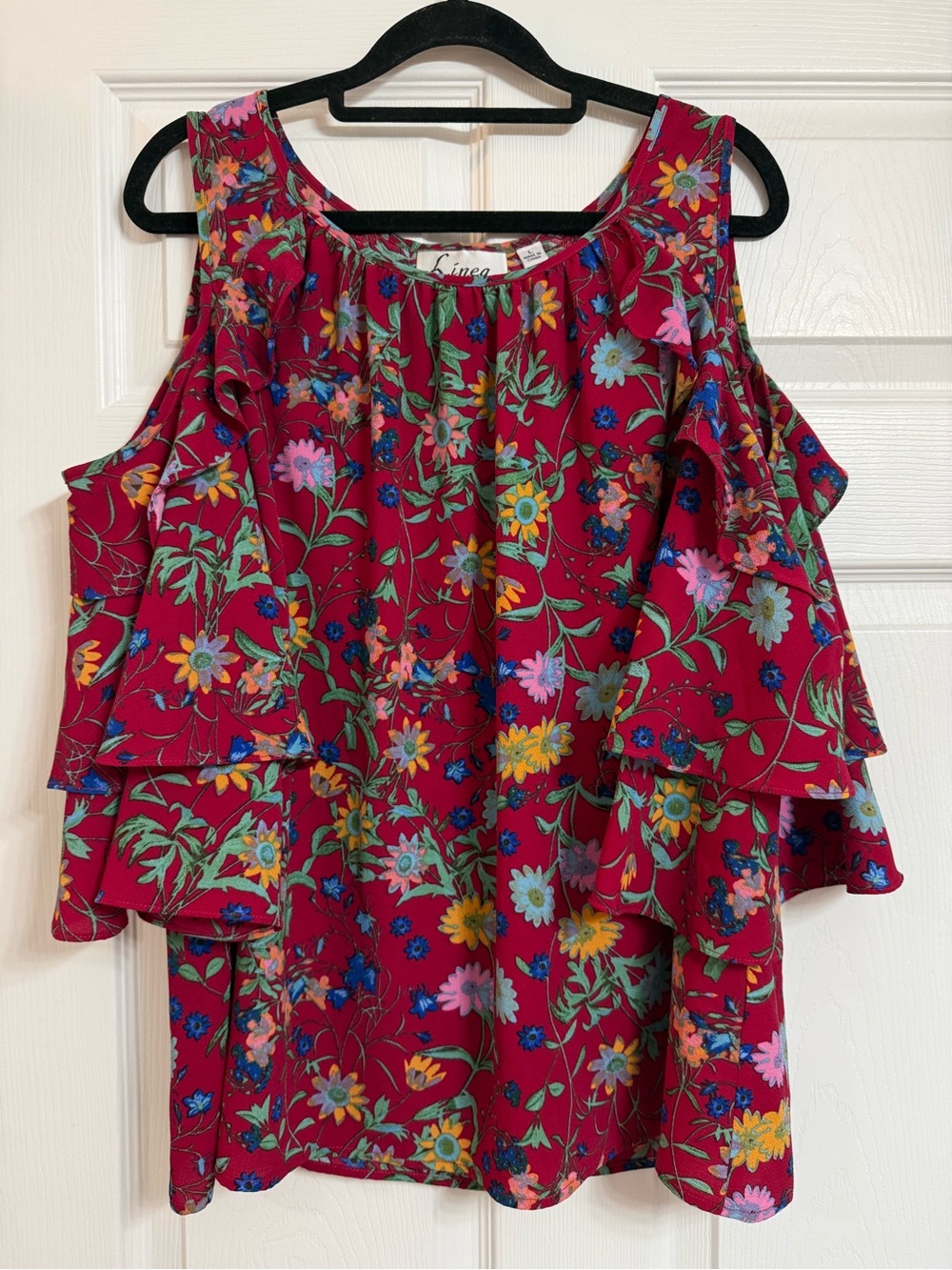 Linea by Louis Dell'Olio Maroon Floral Cold-Shoulder Top